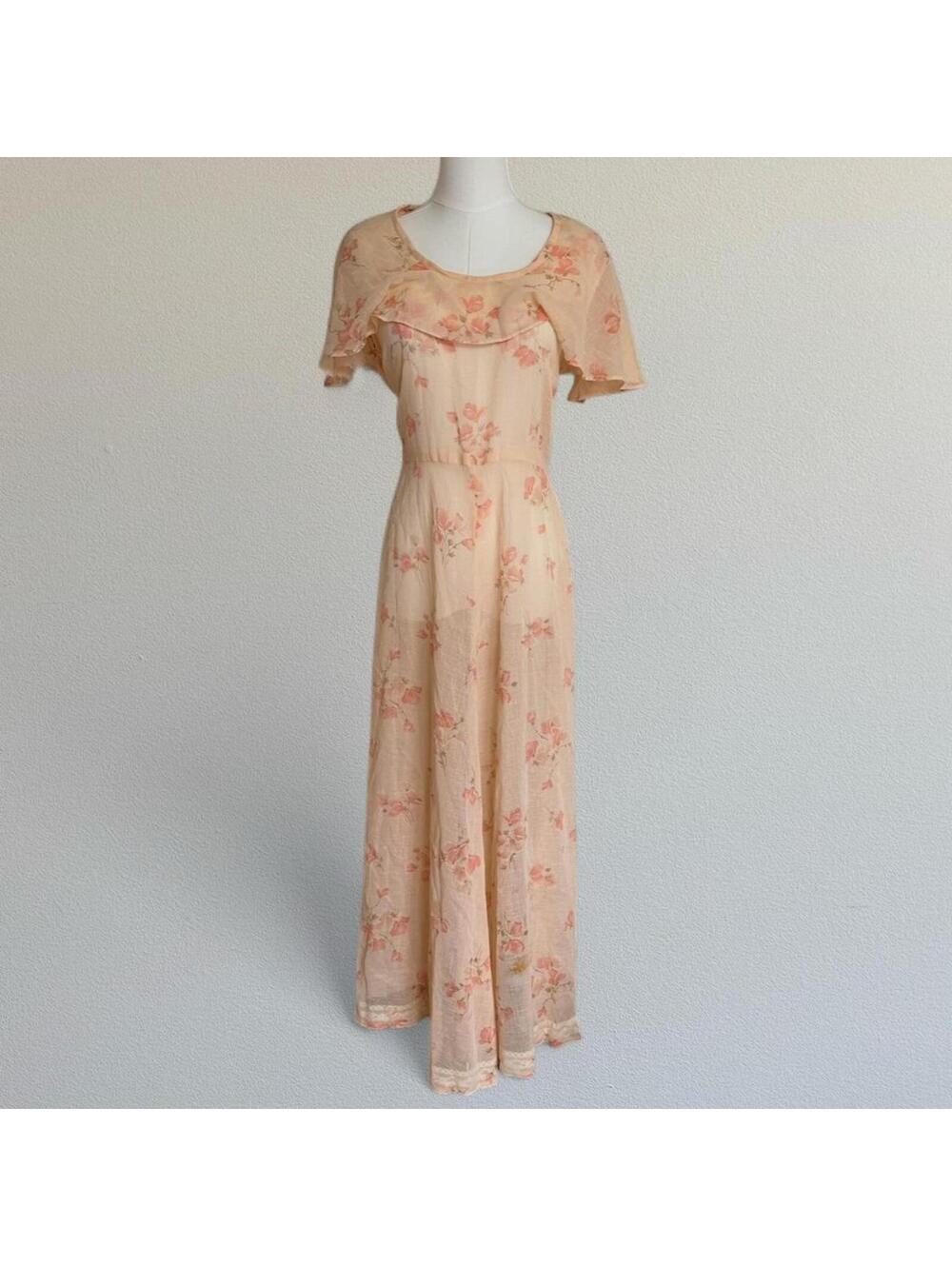 Vintage 70s sheer floral prairie dress Sz M/L - Picture 3 of 8